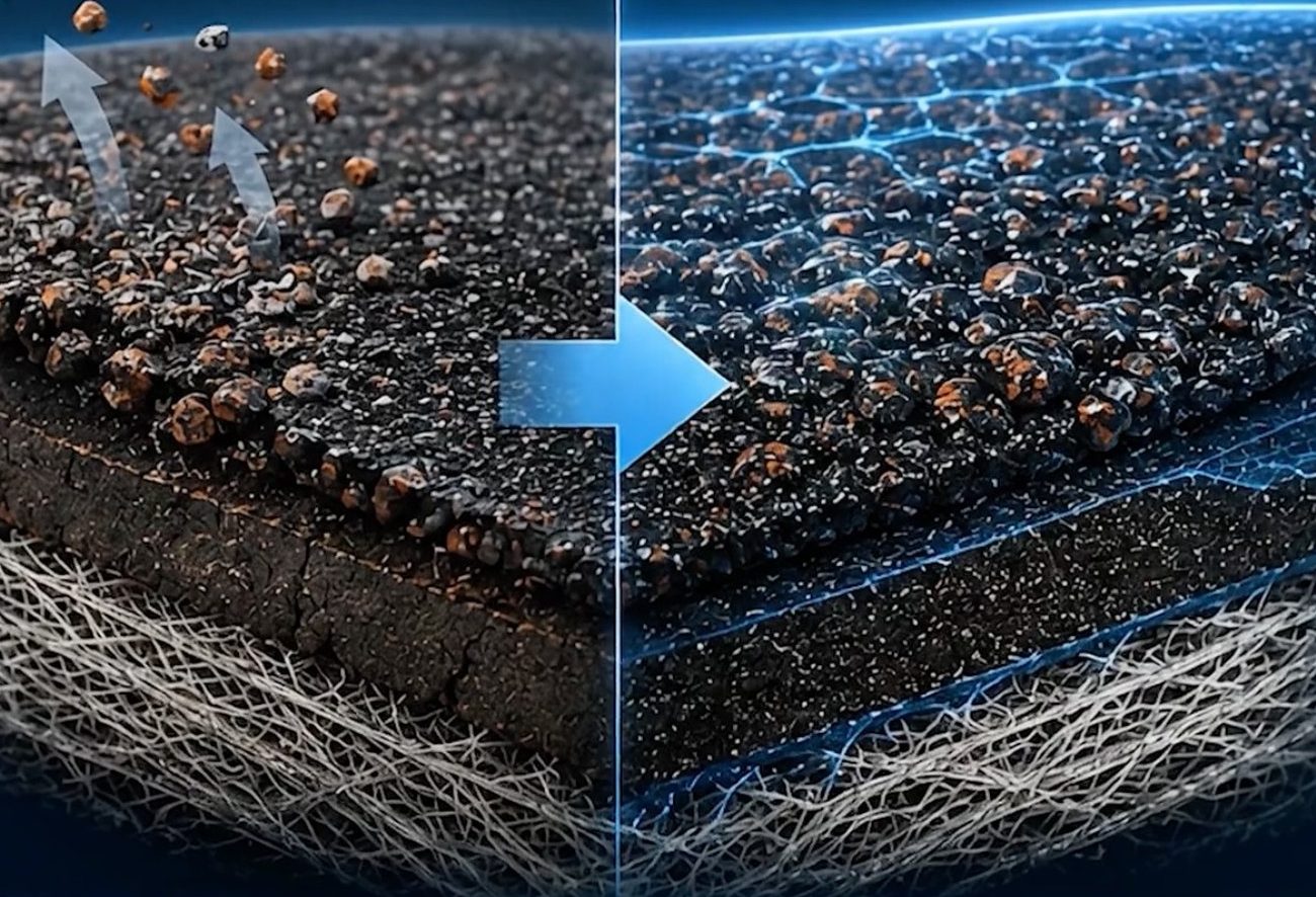 Cross-section of an asphalt shingle: untreated with loose granules and cracked asphalt on the left, sealed with Polyacrythane coating on the right
